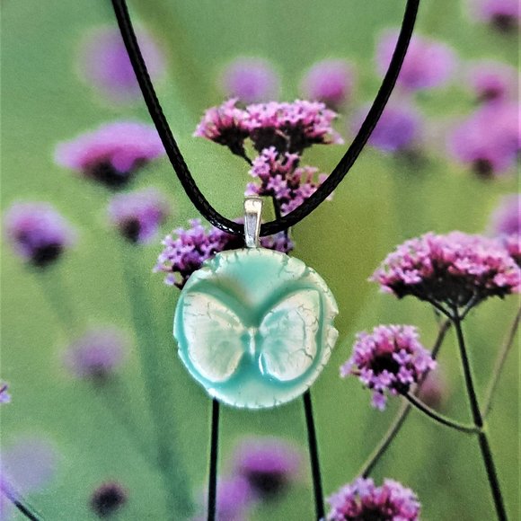 Handmade Ceramic Aqua Green Butterfly Pendant Necklace - Picture 10 of 11